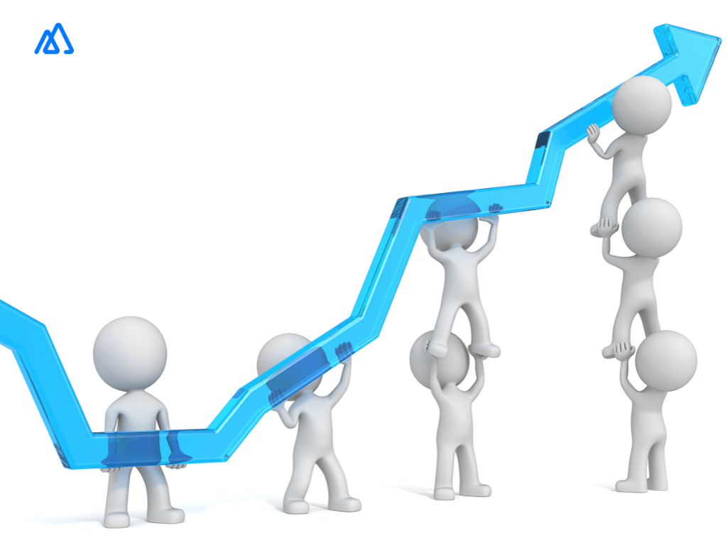 Four white characters holding up the sales growth arrow