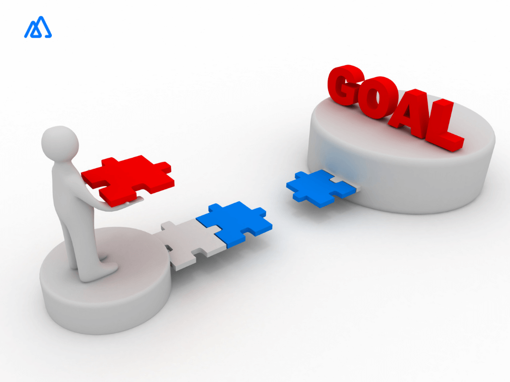 character joining puzzle pieces to reach the goal