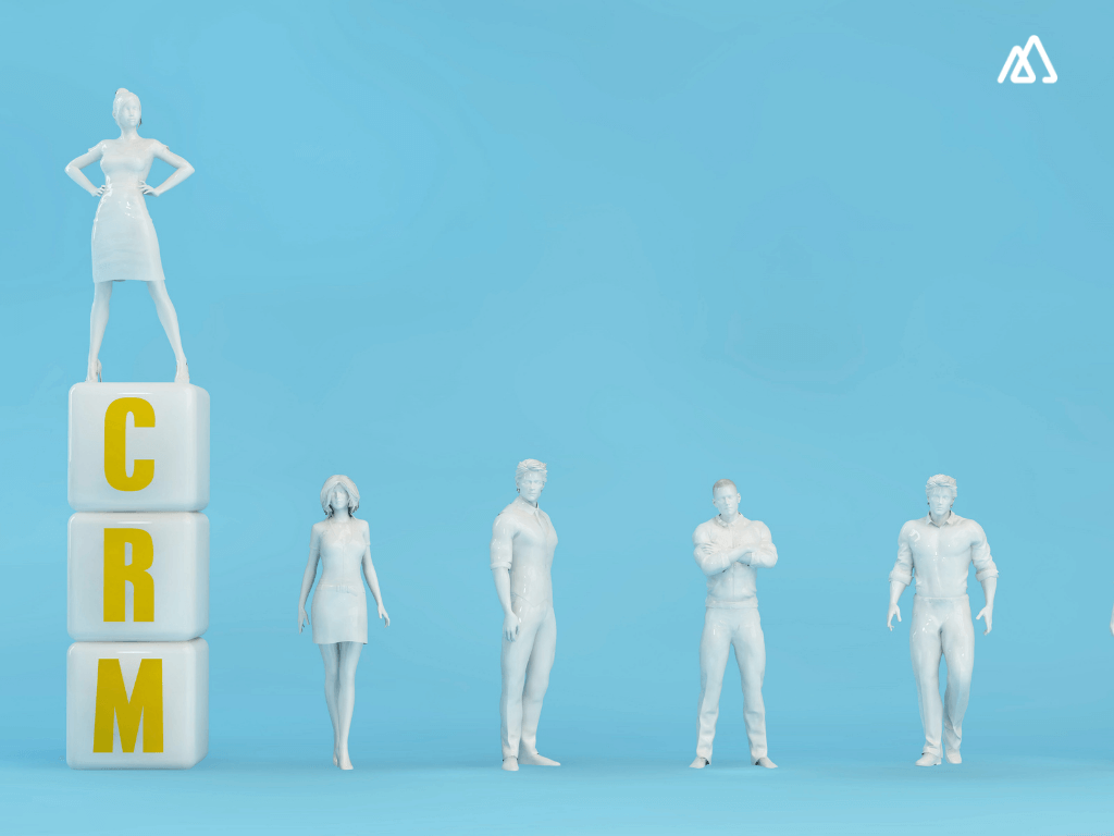 Five sales person standing with a CRM block