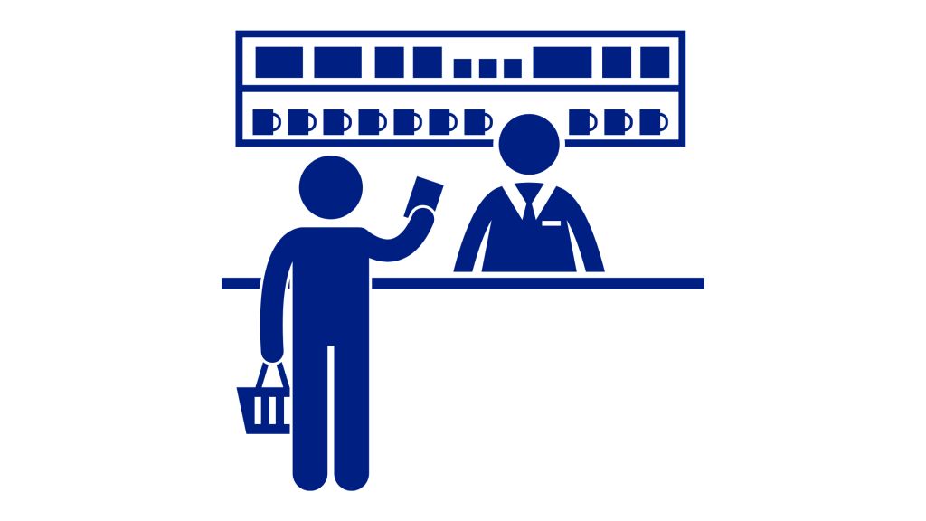 Customer buying product at counter icon