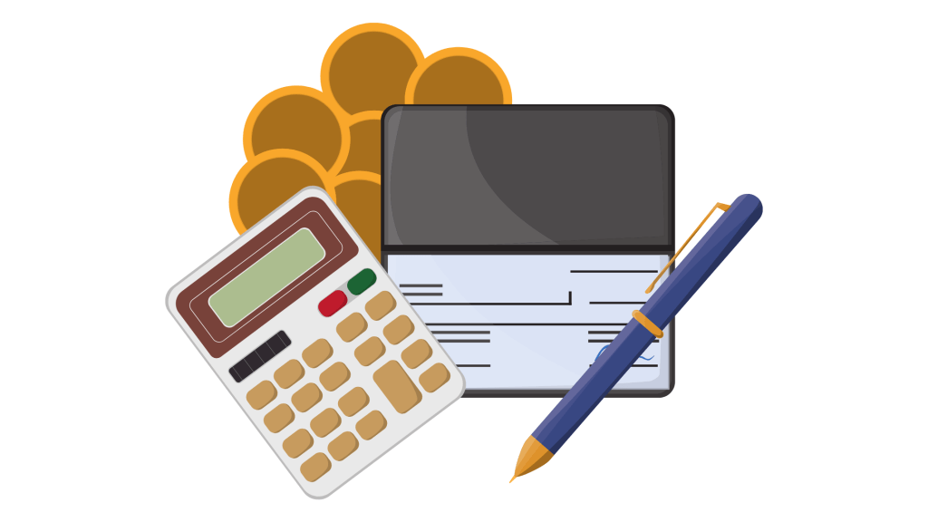 Business concept with a calculator, a chequebook, a pen and some coins
