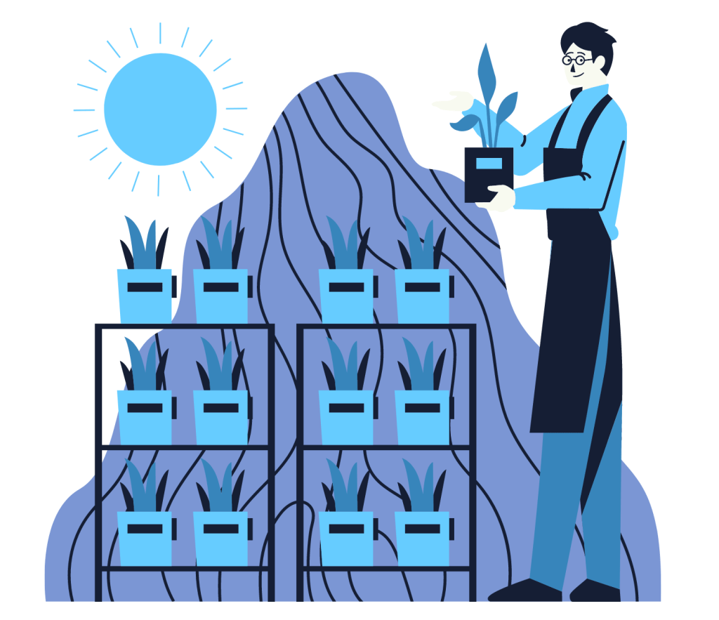 Working man botanist nurturing plants