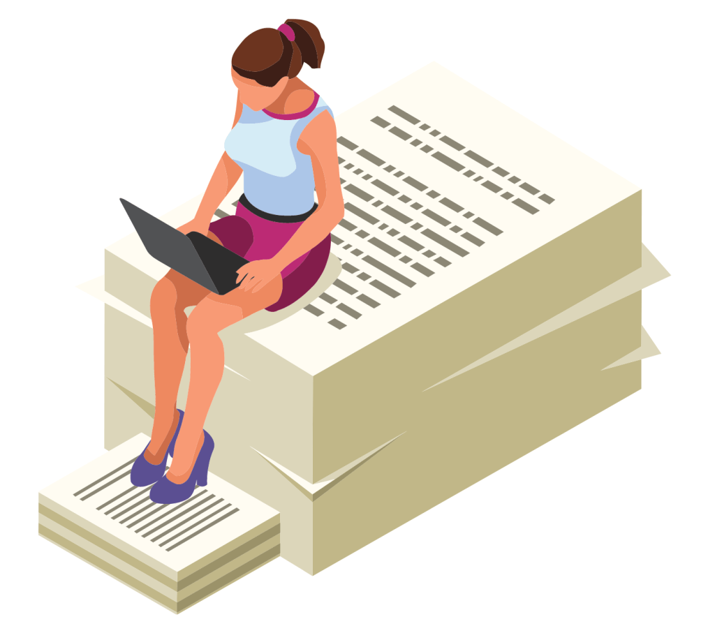 Lady with a laptop sitting on a pile of pages