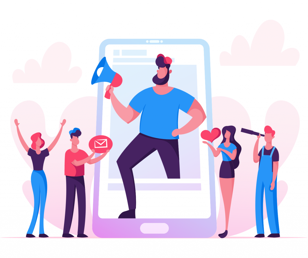 people on mic and social media icons