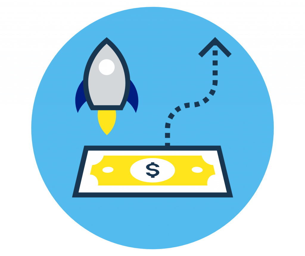 A blue circle with money and rocket above depicting how Cloud CRM is a cost effective solution.