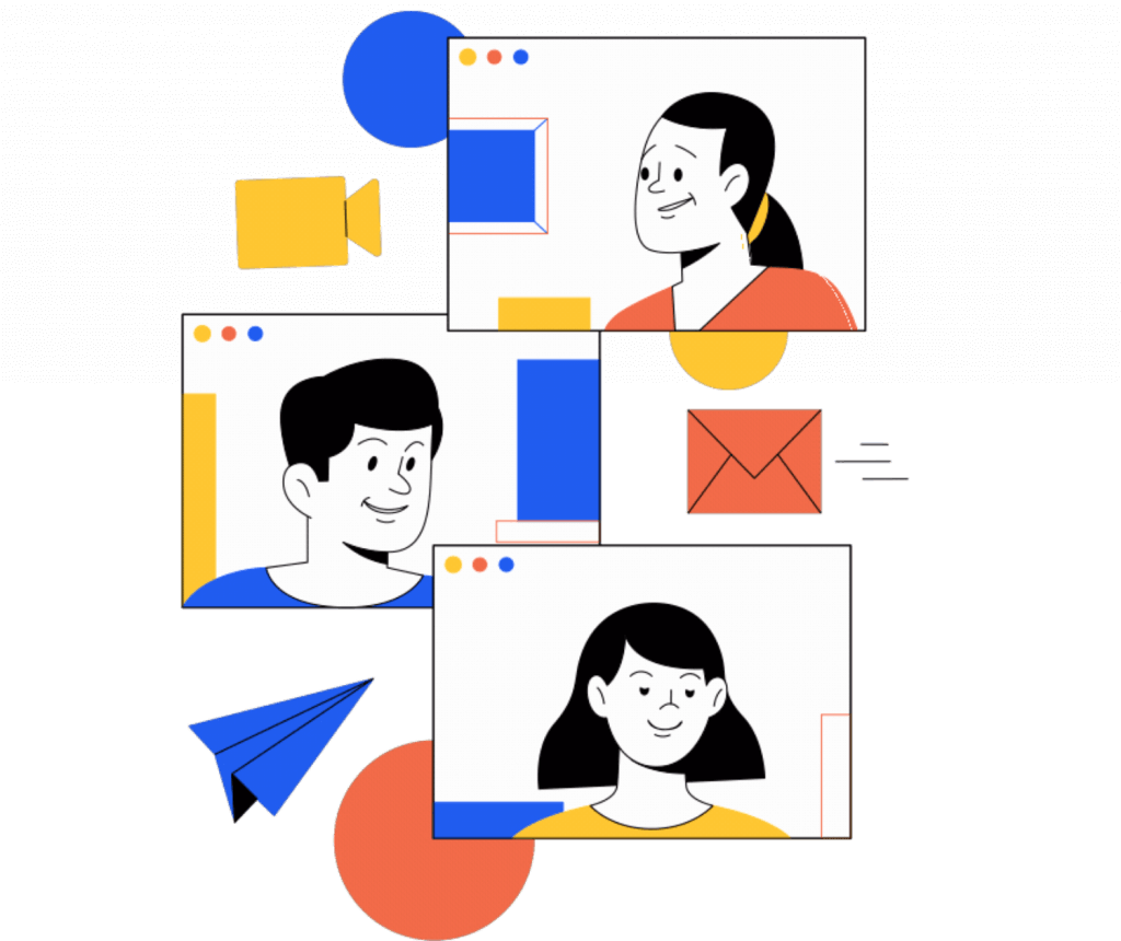 Dynamic Sales Strategy for Small Businesses 3 people collaborating in blue orange and yellow. 