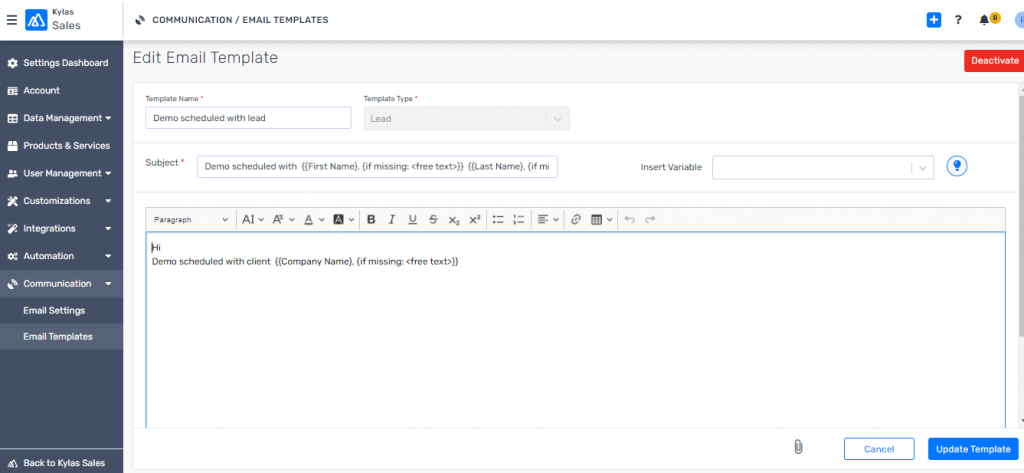 screenshot of email template