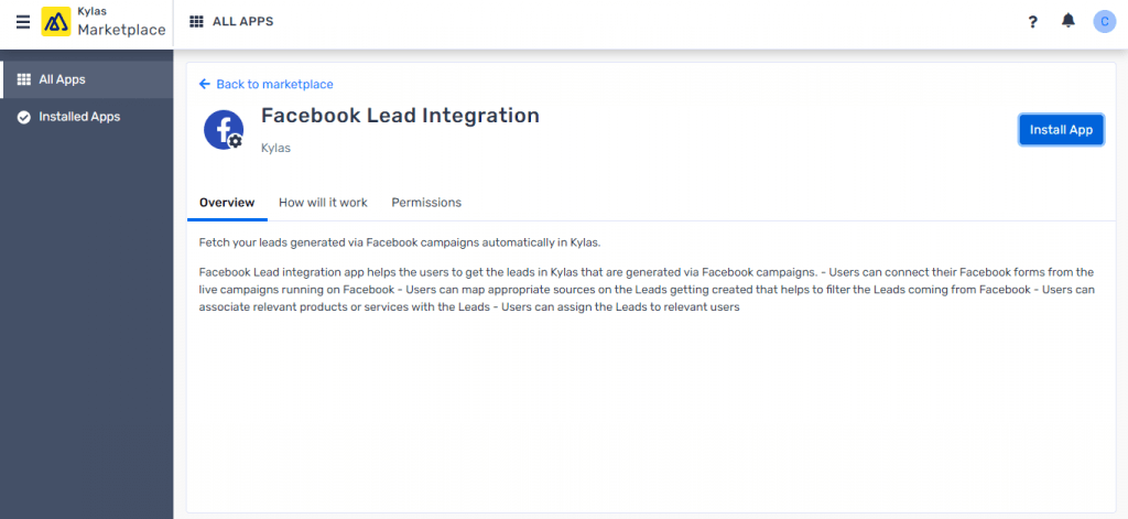 Facebook Lead Integration Tab on Kylas Marketplace