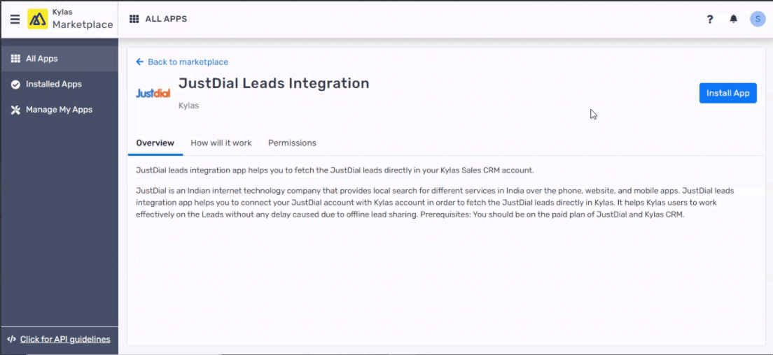 screenshot of JustDial Leads Integration app