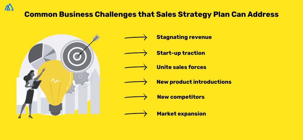 Yellow infographic on the common business challenges that the sales plan can address