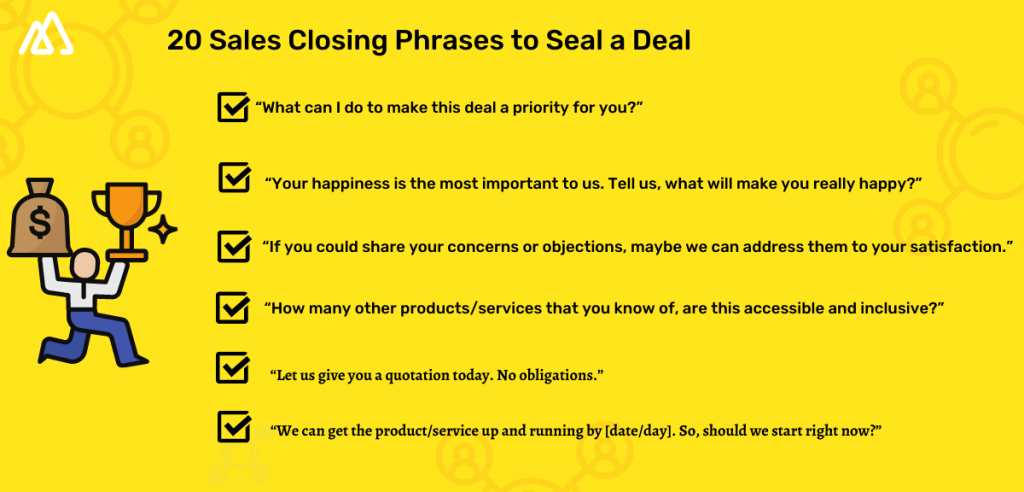 Infographic in yellow background covering points related to closing phrases to seal a deal  