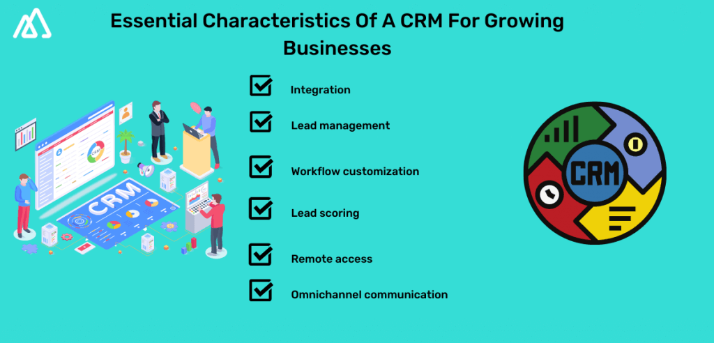 Image with blue background and black text highlighting the essential characteristics of a CRM in pointers