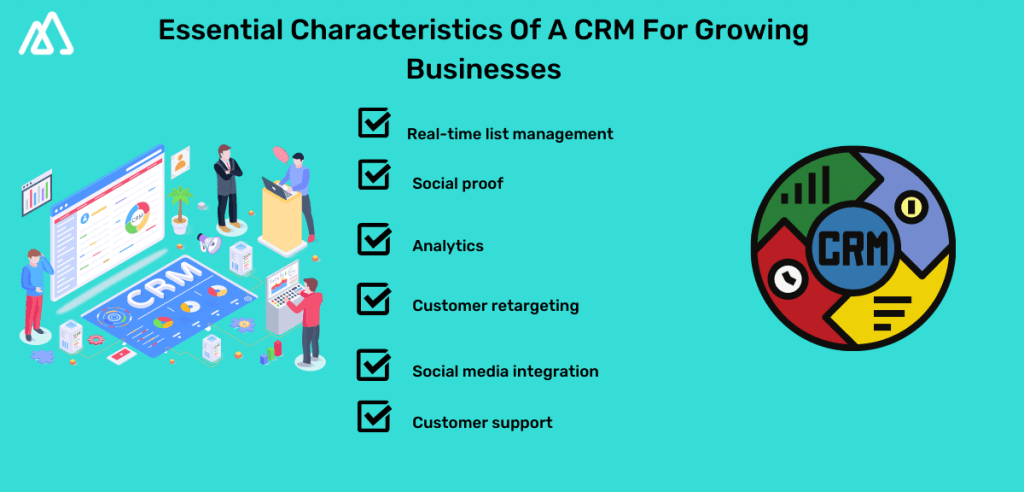 Image with blue background and black text highlighting the essential characteristics of a CRM in pointers