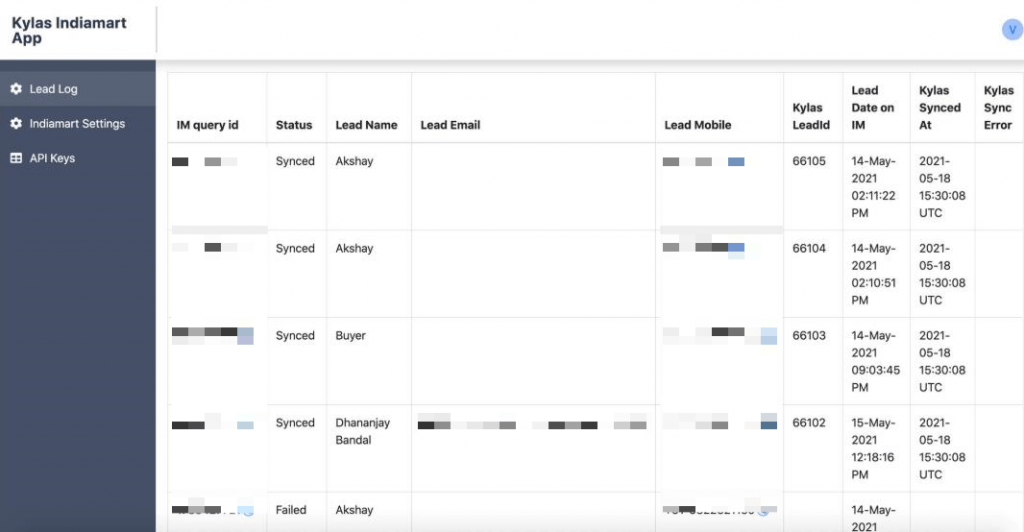 screenshot of Lead logs section of Indiamart Lead integration
