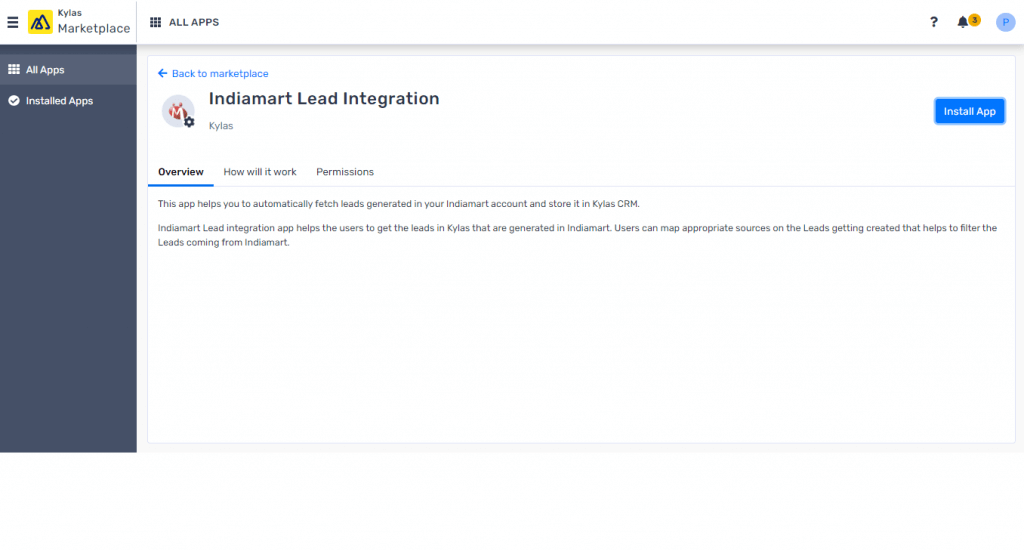 Screenshot of Indiamart Lead Integration App on Kylas Marketplace