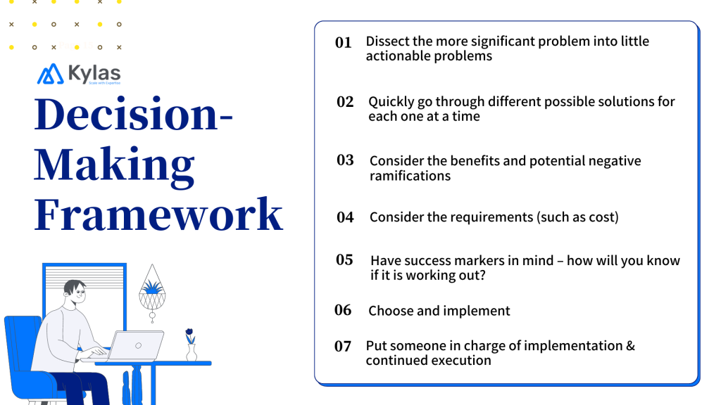 Decision-making Framework: Using a framework allows you to take a systematic approach to every decision, making quick work of it. One example of a framework is to: